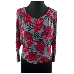 FREE PEOPLE Red Gray Floral Print Long Sleeve Round Neck Pullover Knit Top Sz S